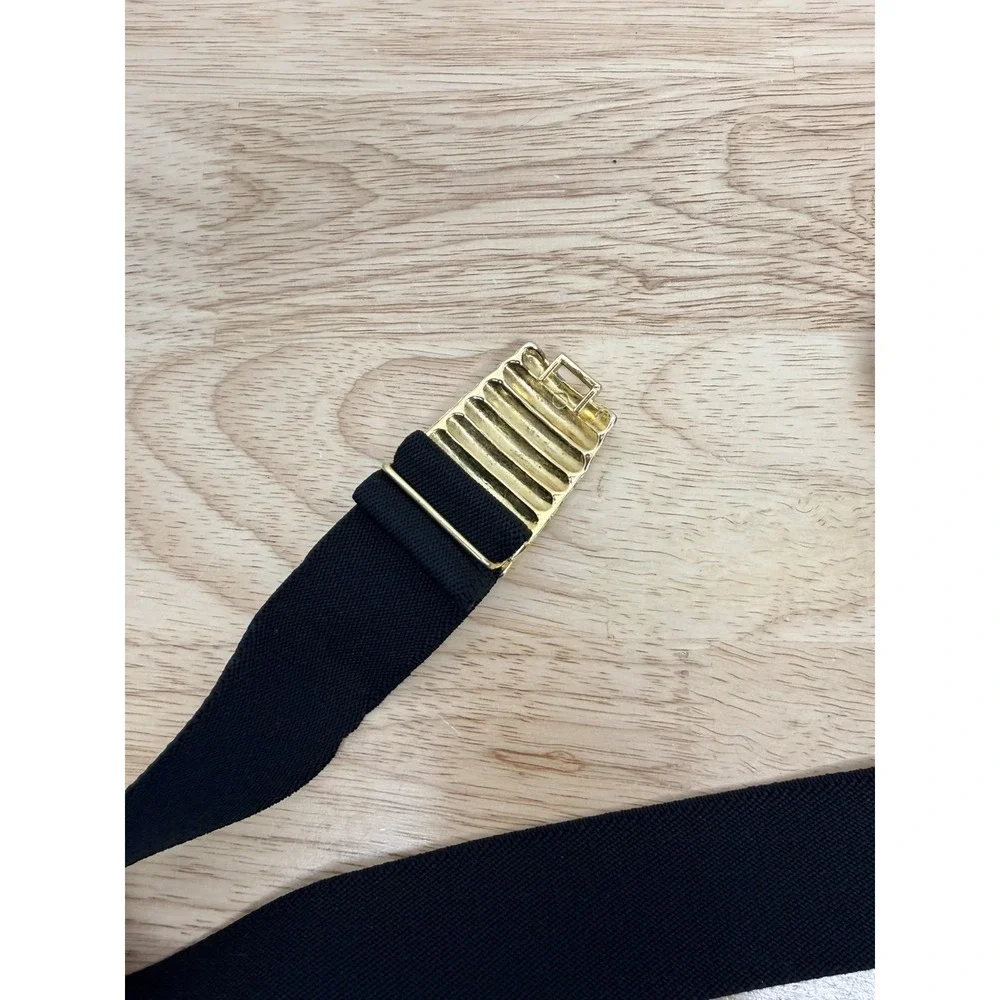 Vintage Gold Tone Wide Stretch Belt Faux Pearl‎ Buckle Black Elastic 1980's